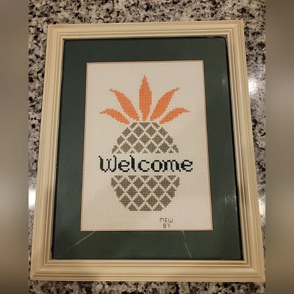 Cross Stitch Pineapple Welcome Professionally Matted And Framed - Picture 1 of 4